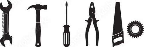 Black and white of a wrench screwdriver pliers hammer and gear tools