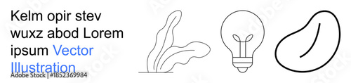 Creativity, innovation, sustainability, abstract art, design inspiration, concept ideas. Line art of plant, lightbulb abstract form and text. Creativity and innovation