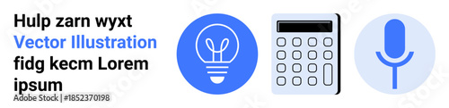 Creativity, technology, productivity, communication, innovation, problem-solving. A lightbulb, calculator and microphone. Creativity and technology concepts through these icons