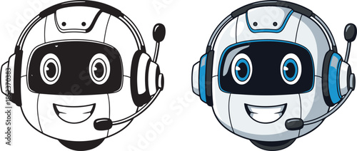 Friendly robot with headphones and microphone, ready for assistance