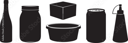 Black and white outline of various containers including a bottle jar can box and spray bottle