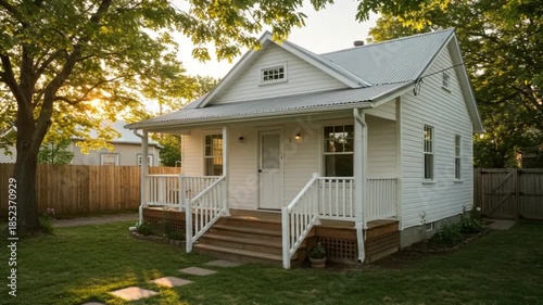 A quaint, white house with a covered porch, set amongst a grassy yard and trees