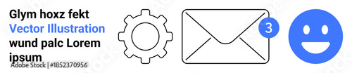 Communication, user feedback, notifications, email services, settings, digital interaction. Gear, envelope with notification badge and happy face displayed. Communication and user feedback concepts