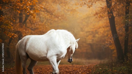 Majestic white unicorn in an autumnal forest