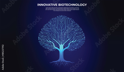 A futuristic and vibrant vector digital tree. The tree is designed with neon blue circuit lines, resembling electronic circuits and microchips. Technological advancement, respect for nature and earth