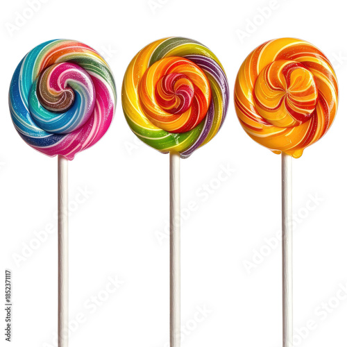Three colorful swirled lollipops on sticks against a stark black background