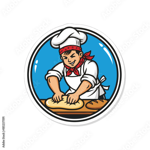 Chef Kneading Dough in Circular Kitchen Scene