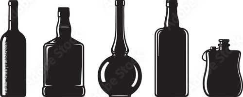 Five black and white bottle silhouettes lined up horizontally