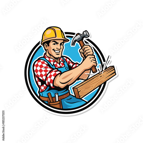 Lumberjack Cutting Wood with Hammer and Nail