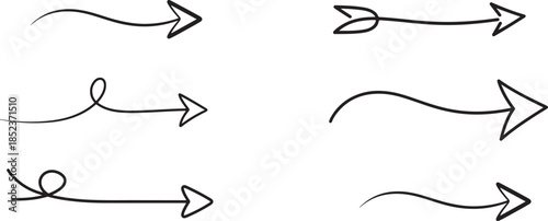 Hand drawn arrow set with curved lines and playful pointers, minimalist navigation and direction doodle elements isolated