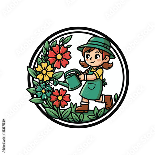 Child Gardener Watering Flowers in Circular Frame