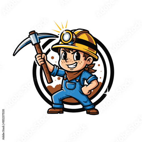 Mine worker with helmet and pickaxe
