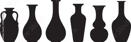 Five black silhouette vases with different shapes and white pottery