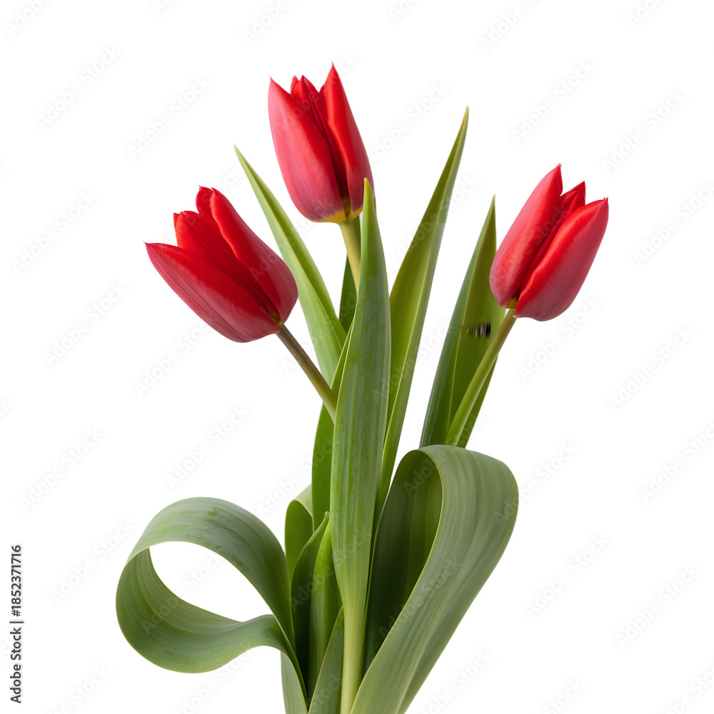 Fototapeta premium Vibrant red tulip flowers with fresh green leaves isolated background