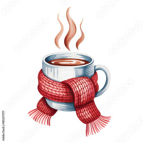 A delightful illustration of a steaming hot drink in a mug wearing a cozy red scarf