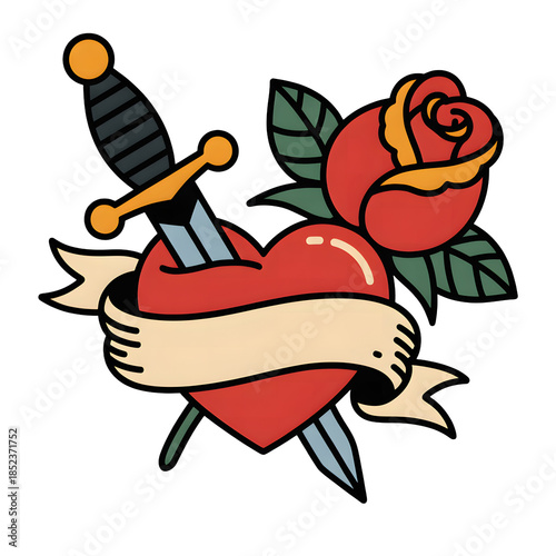 A traditional style illustration of a red heart pierced by a dagger with a rose and banner