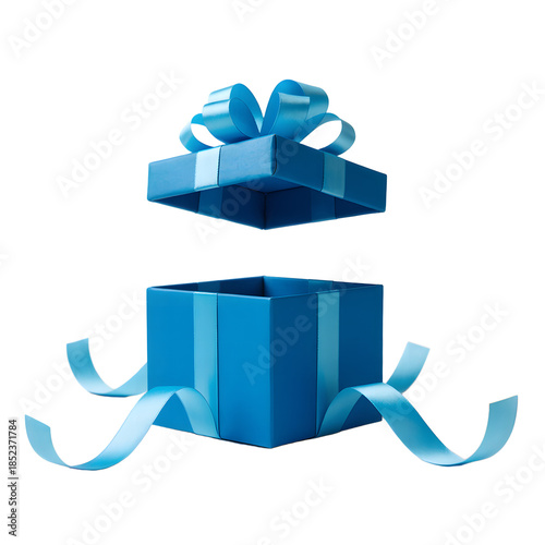 Open blue gift box with a detached lid and flowing ribbons, isolated background