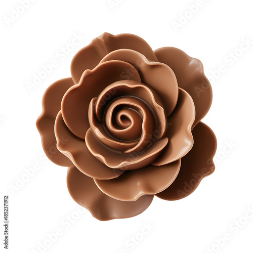 An exquisite milk chocolate rose bloom with swirling petals, captured in a top-down view
