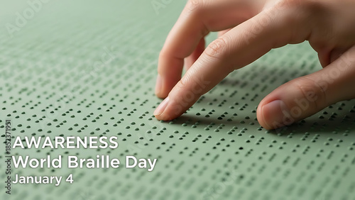Closeup of a hand reading braille text on a tactile surface for world braille day awareness
