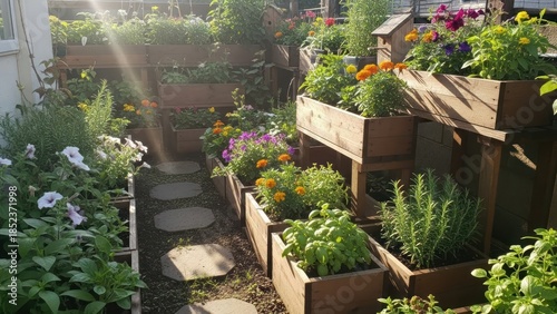 Sunlit Garden with Elevated Wooden Planters Filled with Vibrant Flowers and Green Foliage Perfect