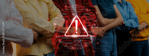 Foto A diverse group of individuals stands united with crossed arms, conveying a sense of caution or alertness, enhanced by digital effects and a striking warning symbol