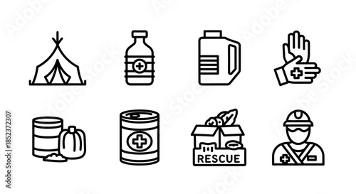 Eight black line art icons for disaster relief, featuring tent, medicine, water, gloves, food, and rescuer.