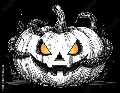 Spooky pumpkin with snake wrapped around it
