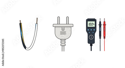 Electrical Components - Wire, Plug, and Digital Multimeter Illustration.
