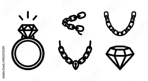 Elegant Jewelry Collection - Ring, Chains, and Diamond Icons.