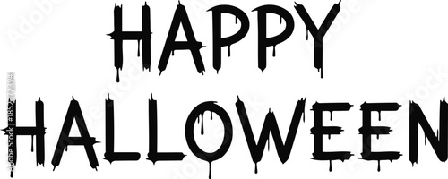 Happy Halloween dripping lettering vector illustration. A spooky and messy black uppercase typographic design featuring melting or bleeding text effects,
