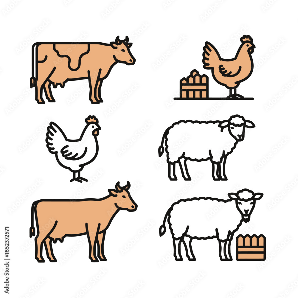 Fototapeta premium Farm Animals - Two Cows, Two Chickens, and Two Sheep in Simple Line Art Style.