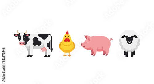 Farm Animals - Cow, Chicken, Pig, and Sheep Illustration.