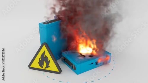 Burning blue lithium battery with fire safety warning