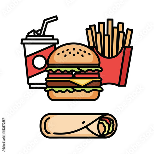 Fast Food Combo - Burger, Fries, Soda, and Wrap, Cartoon Style, Outline, Colorful.
