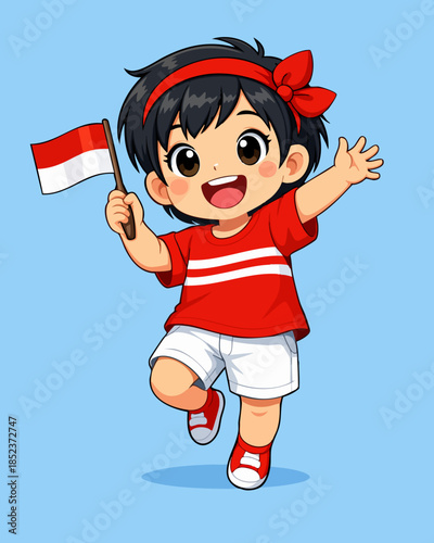 Cute Girl bring indonesia flag cartoon vector