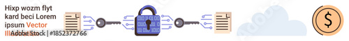 Data protection, cybersecurity, secure transactions, encryption, cloud storage, finance. Blue lock connecting data with documents, cloud and currency symbol. Data protection and cybersecurity