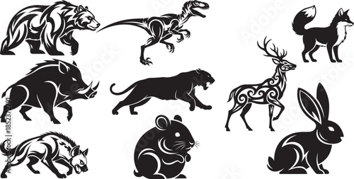 Diverse Tribal Animal Silhouette Set: Bear, Deer, Rabbit, and Wildlife Vector Graphics for Logo, Tattoo, and Mascot Design