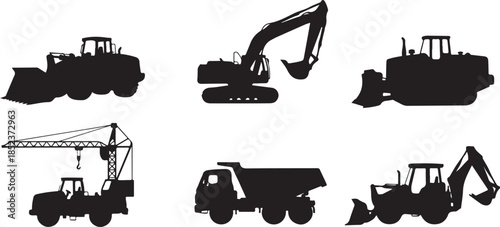 Silhouettes of six different construction vehicles including bulldozer, excavator, crane, dump truck, and backhoe