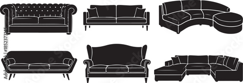 Six black sofas with different styles and in a line furniture couch