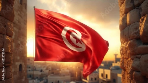 Tunisia flag waving in the wind over a picturesque old city at sunset, representing Tunisian pride