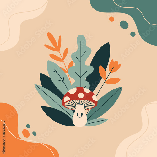 Cute Cartoon Mushroom Character with Leaves and Flowers.