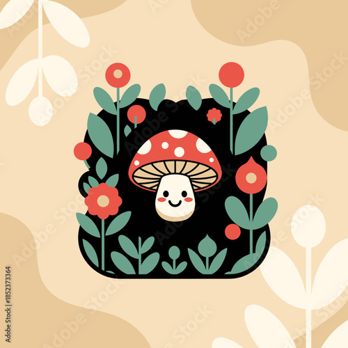 Cute Kawaii Mushroom Character with Flowers and Leaves.