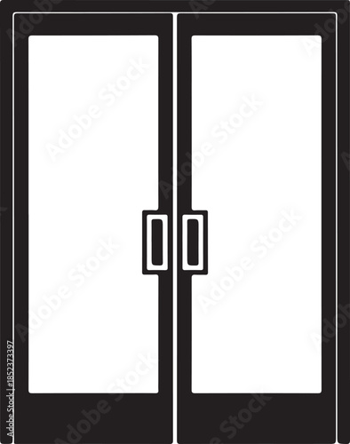 Two White Doors with Black Frames and Handles on a Black Background
