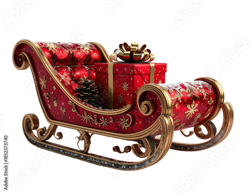 Festive red sleigh laden with gifts and decorations, isolated