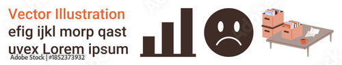 Productivity, workplace stress, data analysis, business decline, paperwork management, and corporate issues. Declining graph, sad face and desks with files . Business decline and workplace stress