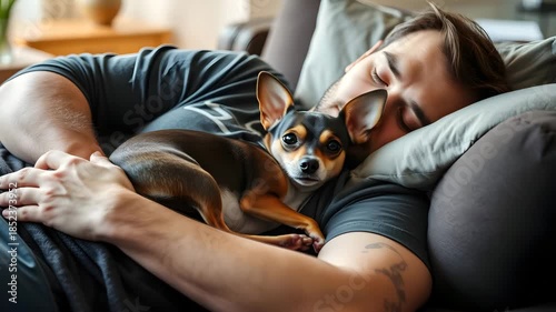 Man sleeping on a couch with a chihuahua resting on his chest indoors