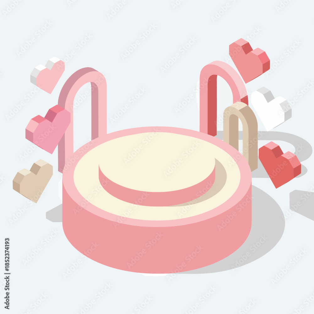 Fototapeta premium Pastel Pink Podium with Floating Hearts, Isometric 3D Illustration for Celebration and Romance