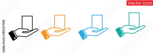 Colorful hands holding rectangles in modern vector icon set,Open Hand Reaching Upward in Three Graphic Interpretations