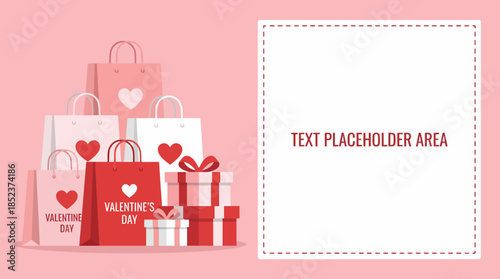 Valentine's Day gift bags and presents displayed on a soft pink background with a text placeholder