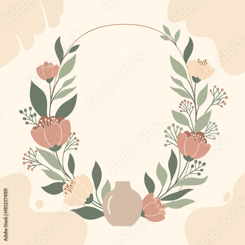 Elegant Floral Wreath with Vase Illustration.